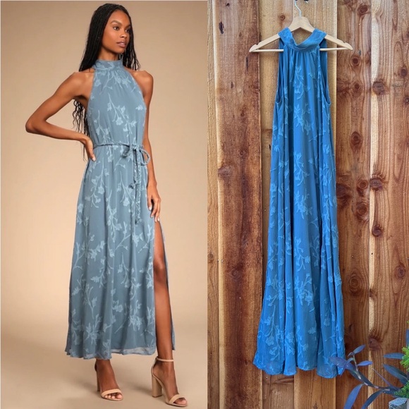 Slate Blue Jacquard Embroidered Halter Maxi Dress ๐ฟ - Picture 1 of 8